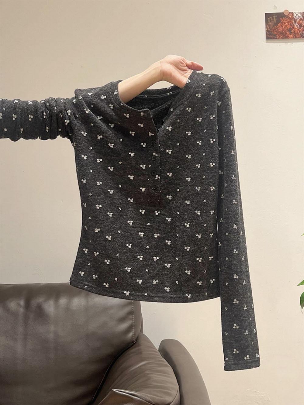Women s Korean Floral Henley Long Sleeve Slim Fit T-shirt - Autumn 2025 M