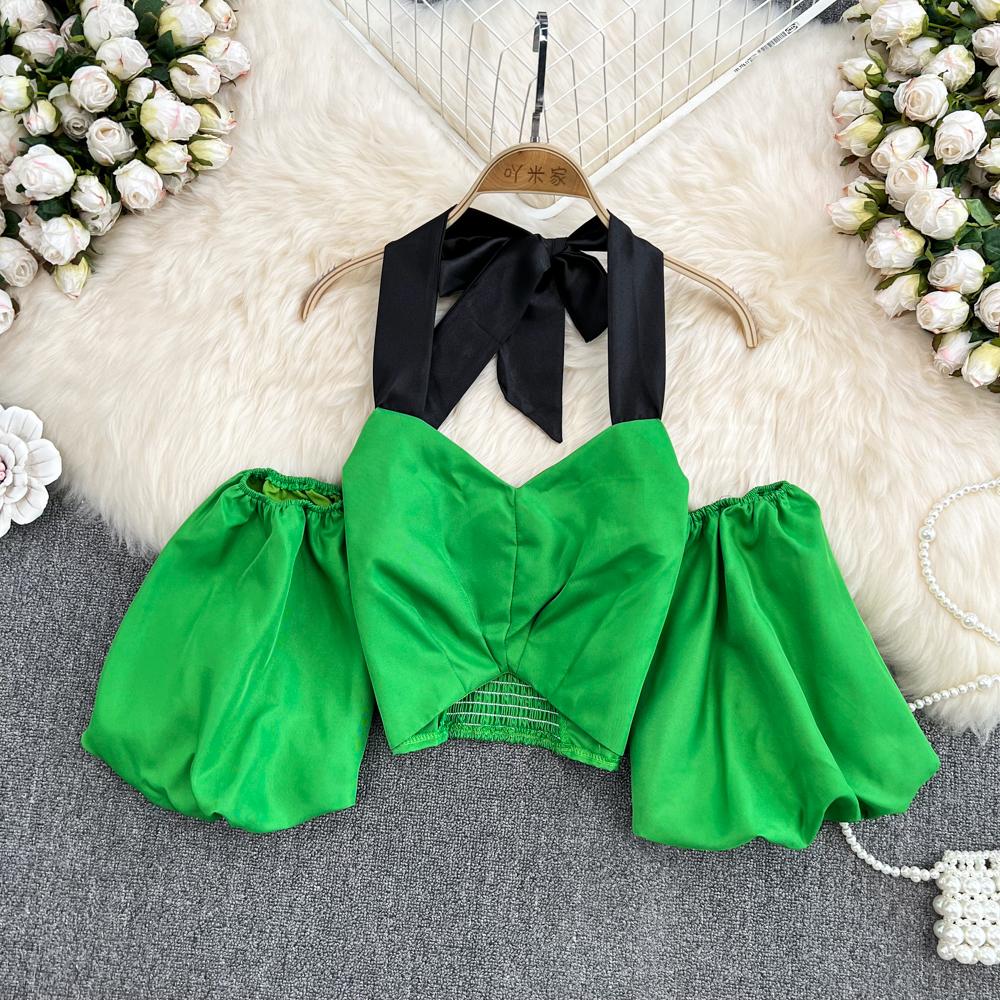 

С открытыми плечами, с бретелькой на шее, в тон, милый бант, с пышными рукавами, женская шикарная рубашка в стиле вестерн, короткий топ с открытой спиной, летний