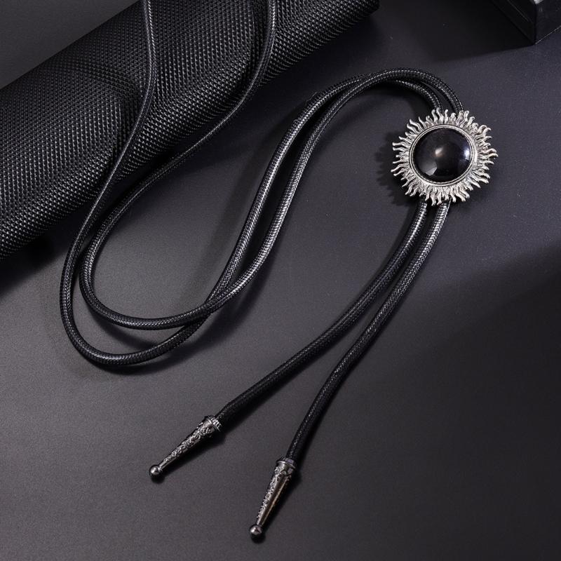 Vintage Sun Shape Gem Stone Bolo Tie Cowboy Costume Accessory for Men and Women Western Braided Cord Necktie Necklace
