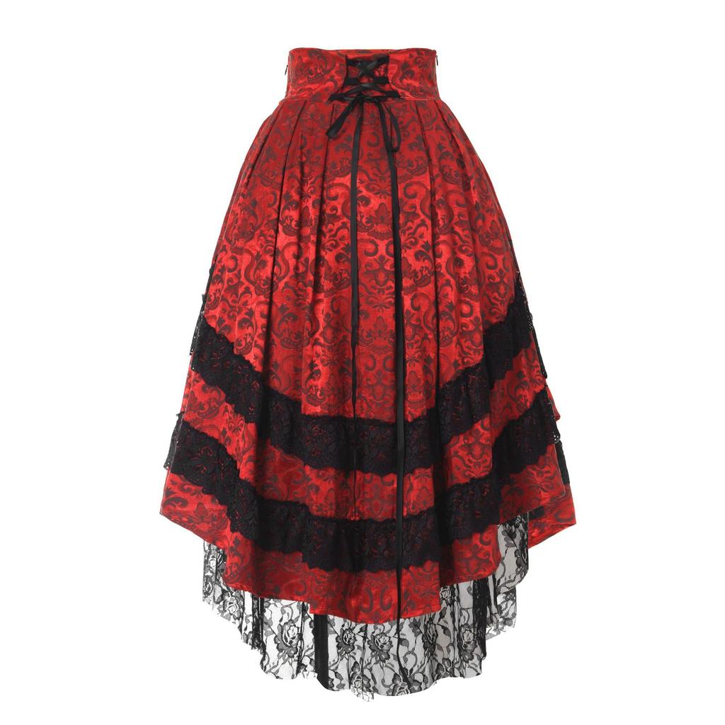 Women Harajuku Black Printing Skirts Lace Patchwork Vintage Gothic Streetwear Lace Patchwork Jupe Y2k Aesthetic