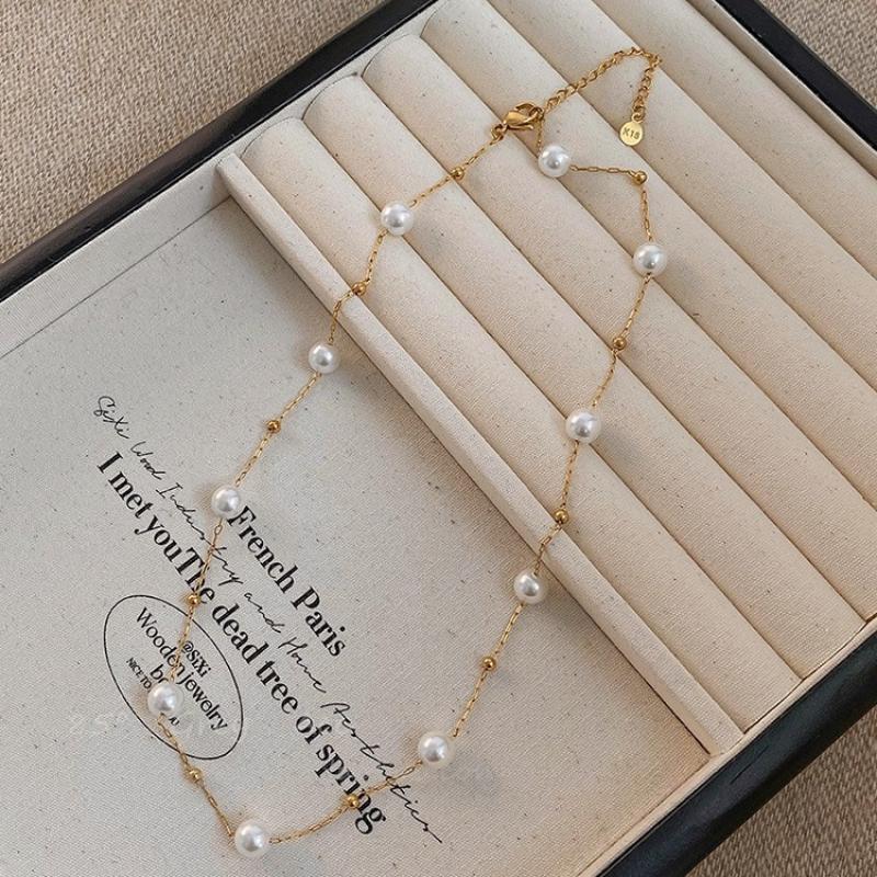 Stainless Steel Pearl Necklace Bracelet Vintage Waterproof Gold Color Small Round Bead Necklace Fashion Women's Jewelry Gift