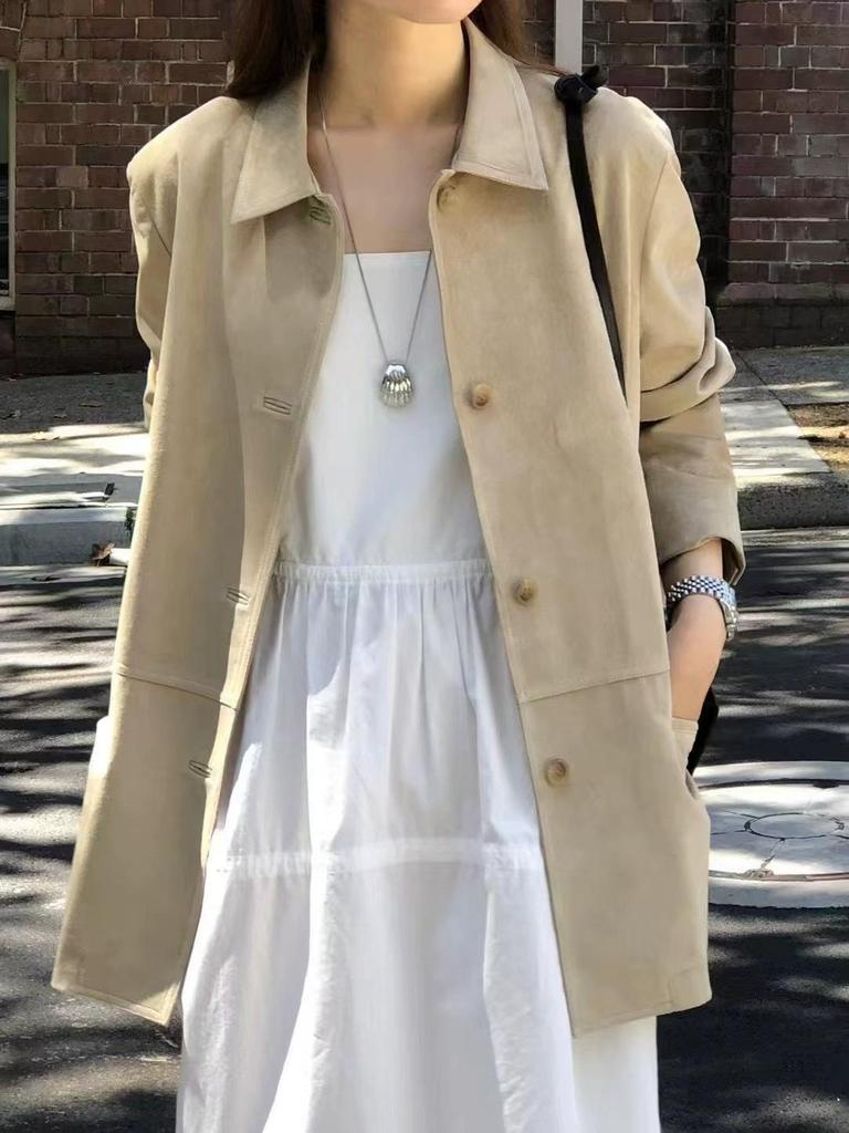 In-Stock Suede Lapel Jacket - Korean Style, Mid-Length, Khaki, Autumn Retro, Loose Fit