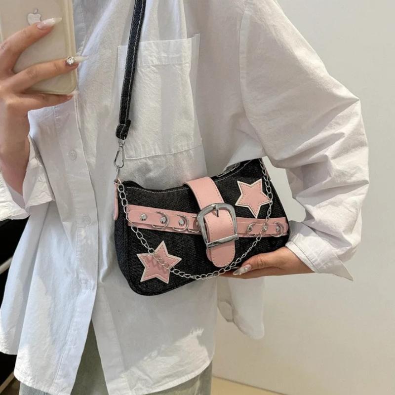 Y2k Cool Hot Girls Denim Shoulder Bags Vintage Rivet Star Women's Chain Underarm Bag Ctrasting Color Female Portable Handbag