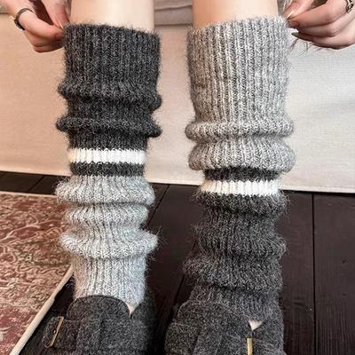 Amerykańskie Wielokolorowe Dzianinowe Ocieplacze na Nogi Zimowe Ciepłe Pogrubione Skarpety Moda Harajuku Kaszmirowe Wyroby Pończosznicze Damskie Pokrowce na Nogi Pończochy