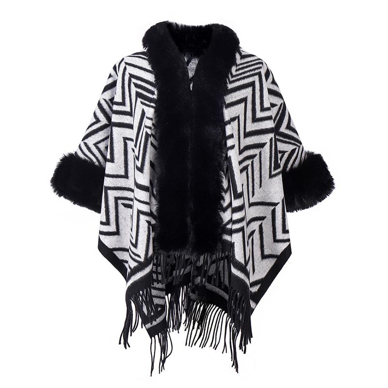 Winter Scarf Women Lady Layers Poncho Elegant Luxury Faux Fur Collar Striped Tassel Shawls Scarve Capa Para Mujer Fashion Coat