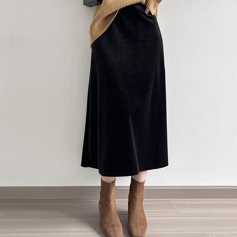 2026 Spring Women s Black Gold Velvet A-Line Midi Skirt: High Waist, Slimming, Flattering Draped Design L (Recommended 115-130 lbs)