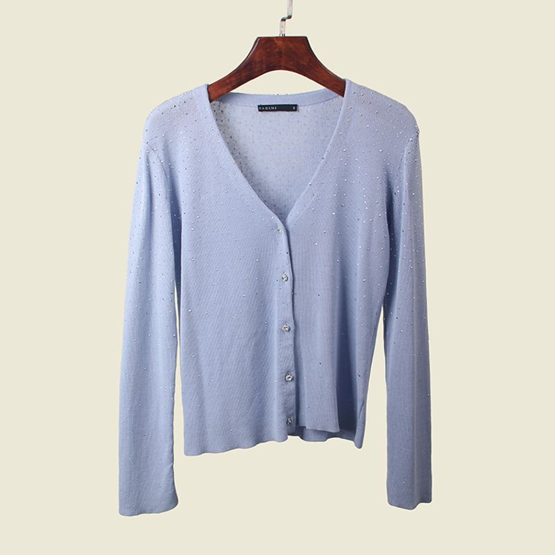 Starry Hot Rhinestone V-neck Knitted Cardigan Women's Foreign Trade Original Order Pure Color Single-Breasted Thin Long Sleeve Outer Wear Blouse