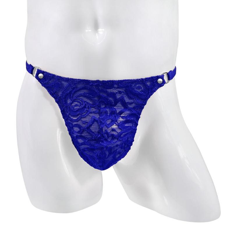 Men Lace Floral G-String Thong See Through T-Back Panties Breathable Mesh Sissy Lingerie With Metal Circular Waistband Underpant