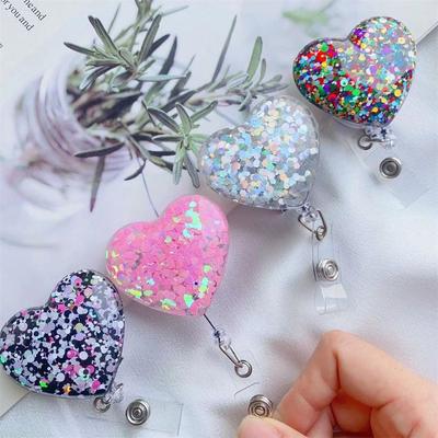 Love Heart Retractable Badge Holder Bling Glitter Alligator Swivel Clip Nurse Badge Reel 360 Rotating ID Card Clips