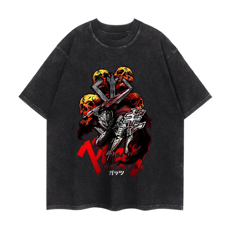 Anime Berserk T Shirt Vintage Washed T-shirts Oversized Streetwear Tops Black Tees Men Women Clothing Cotton Fashion Tshirt