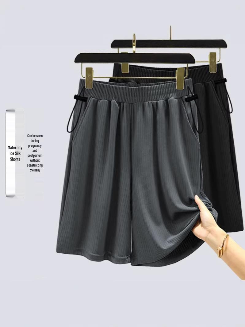 Ice Silk Wide Leg Maternity Shorts with Pig Nose Buckle - Stylish, Loose, Plus Size Casual Summer Wear M (below 110 lbs)