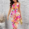 Women Plus Size Sleeveless Round Neck Midi Bodycon Dress White Base Blue Floral Print Slim Fit Dress
