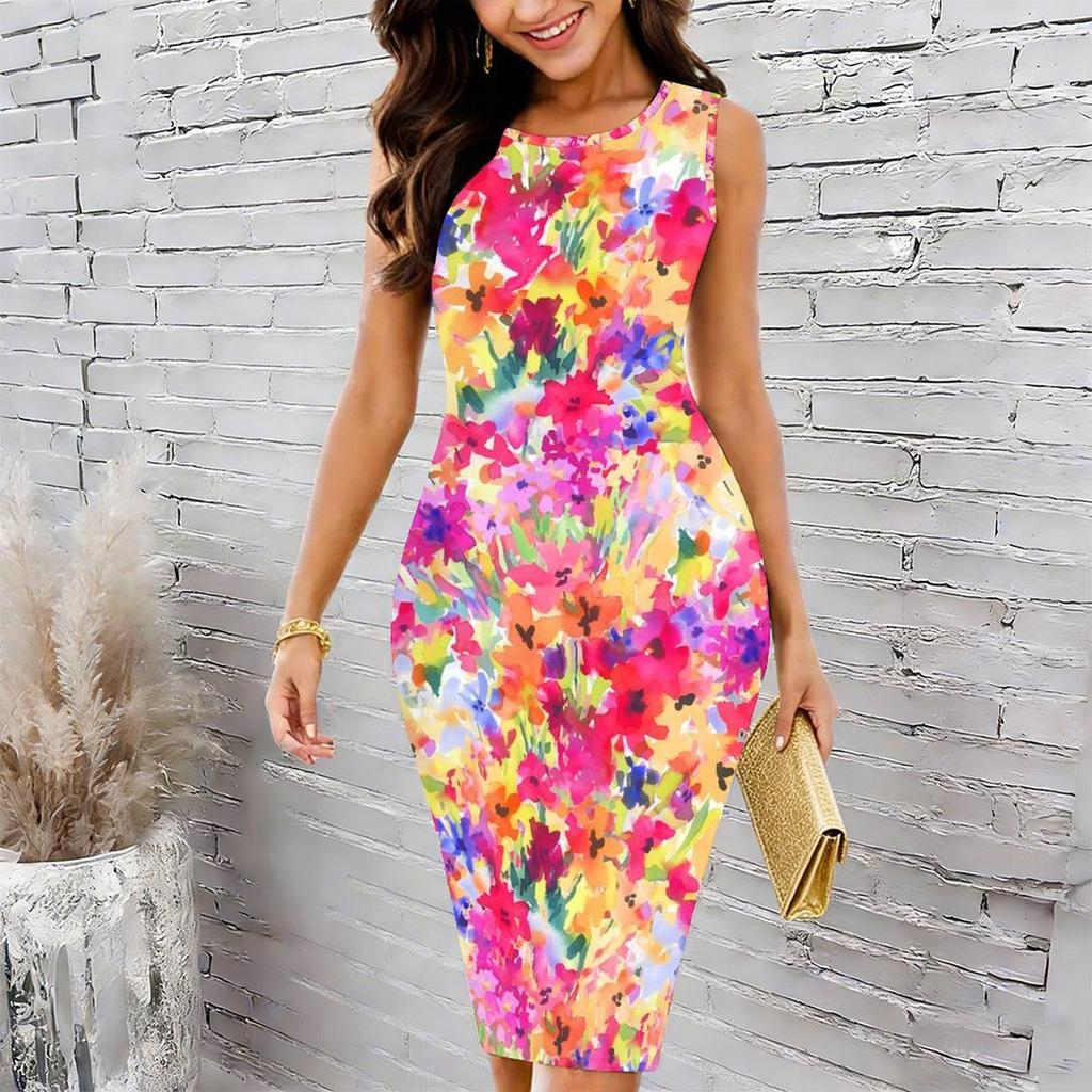 Women Plus Size Sleeveless Round Neck Midi Bodycon Dress White Base Blue Floral Print Slim Fit Dress