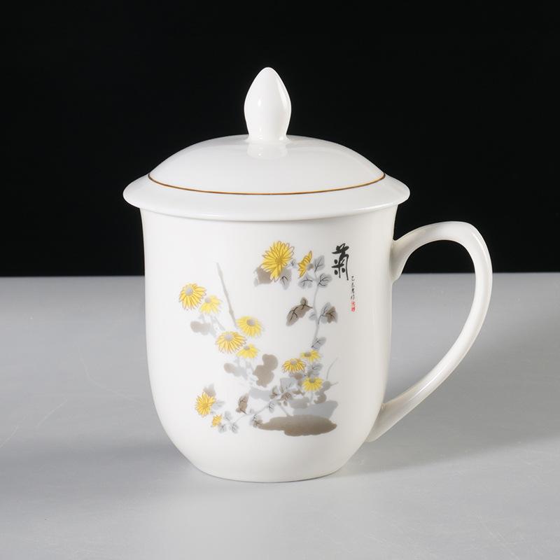 Meilan bamboo chrysanthemum ceramic teacup household large-capacity water cup with lid office meeting cup gift cup set lettering