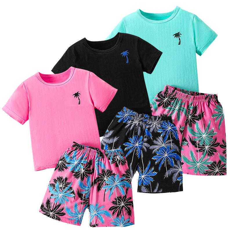 Children's Summer Leisure Sports Printed Short Sleeved Shorts Set, Boys and Girls Vacation Style Fashionable T-shirt Pants 2pcs