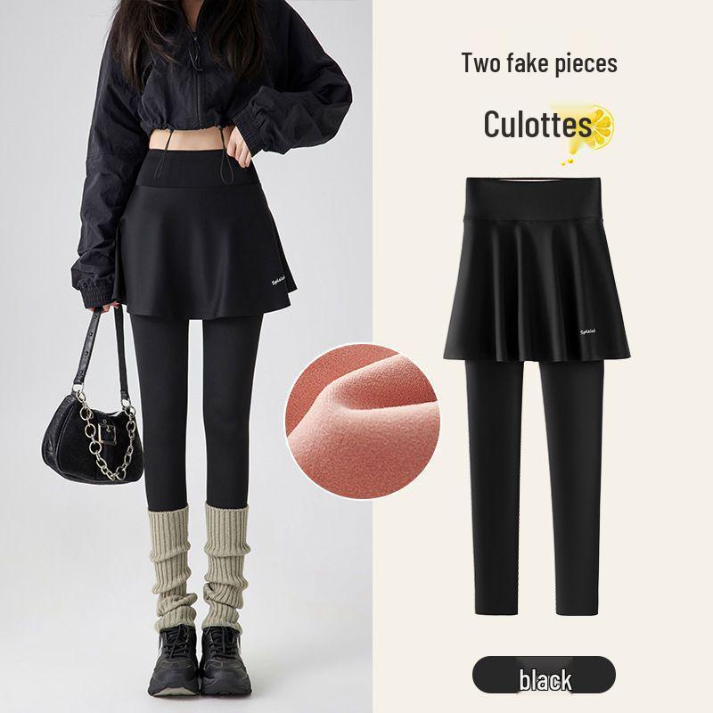 Women's Fleece-Lined Two-Piece Yoga Pants & Skirt - High-Waisted, Thickened for Slimming, Ideal for Autumn/Winter Fitness & Outerwear.