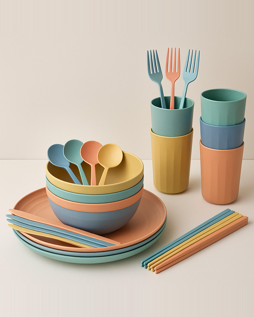 32PCs Food-grade Wheat Straw Dinnerware Set Microwave Dishwasher Freezer Safe Plates Bowls Cups