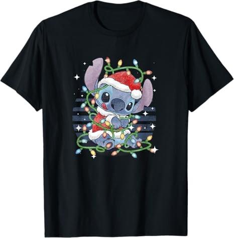 Lilo Stitch Christmas Tangled Lights Black TShirt S