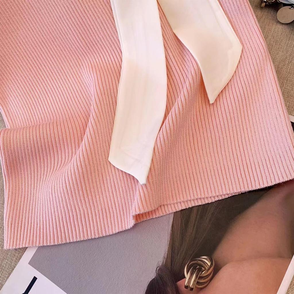 Summer Women Sleeveless Lace-up Collar Solid Knitted Sweater Tops