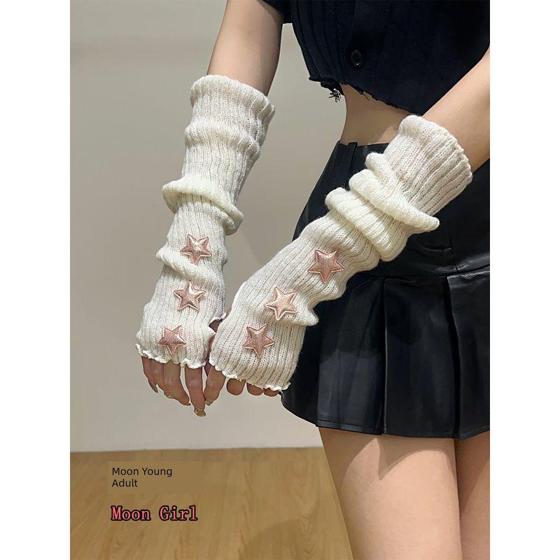 

JK Open Finger Gloves Red Oversleeve Sweet and Cute Girl s Wool Knitted Christmas XINGX Super Fashionable Arm Sleeve White One size