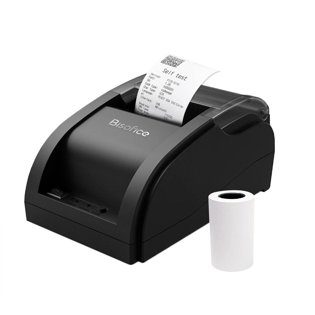Desktop 58mm Thermal Receipt Printer, Barcode Printer, USB+BT Connection, 1 Roll Paper Included, Internal ESC Command Support, Cashbox Connection, Com