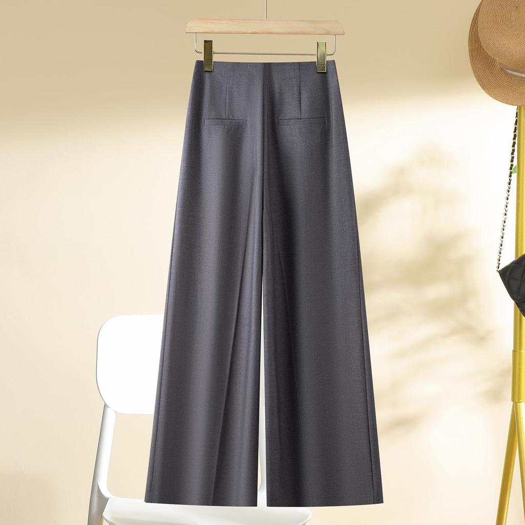 Spring 2025 Women's High-Waisted Grey Wide-Leg Trousers: Relaxed Fit, Loose Straight-Leg Casual Suit Pants
