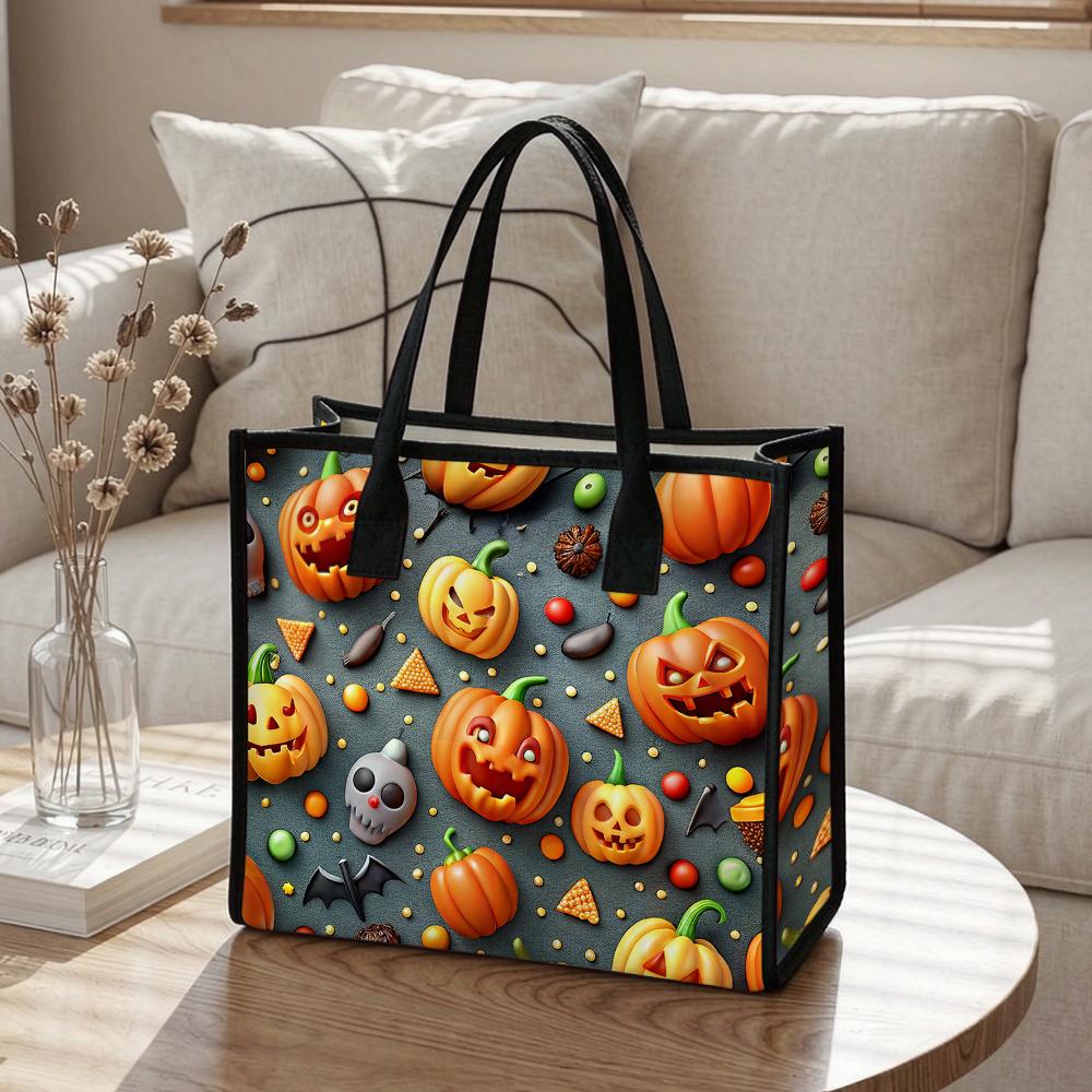 Halloween Pumpkin Print Tote Bag Funny Spooky Festival Handbag Portable Large Capacity Casual Carry Bag