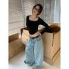 Dorothy Spring Korean Square Neck Irregular Long Sleeve Women's T-shirt