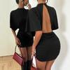 European and American Women's Summer Fashion Style Solid Color Turtleneck Sexy Waist Pleated Slim Mini Dress