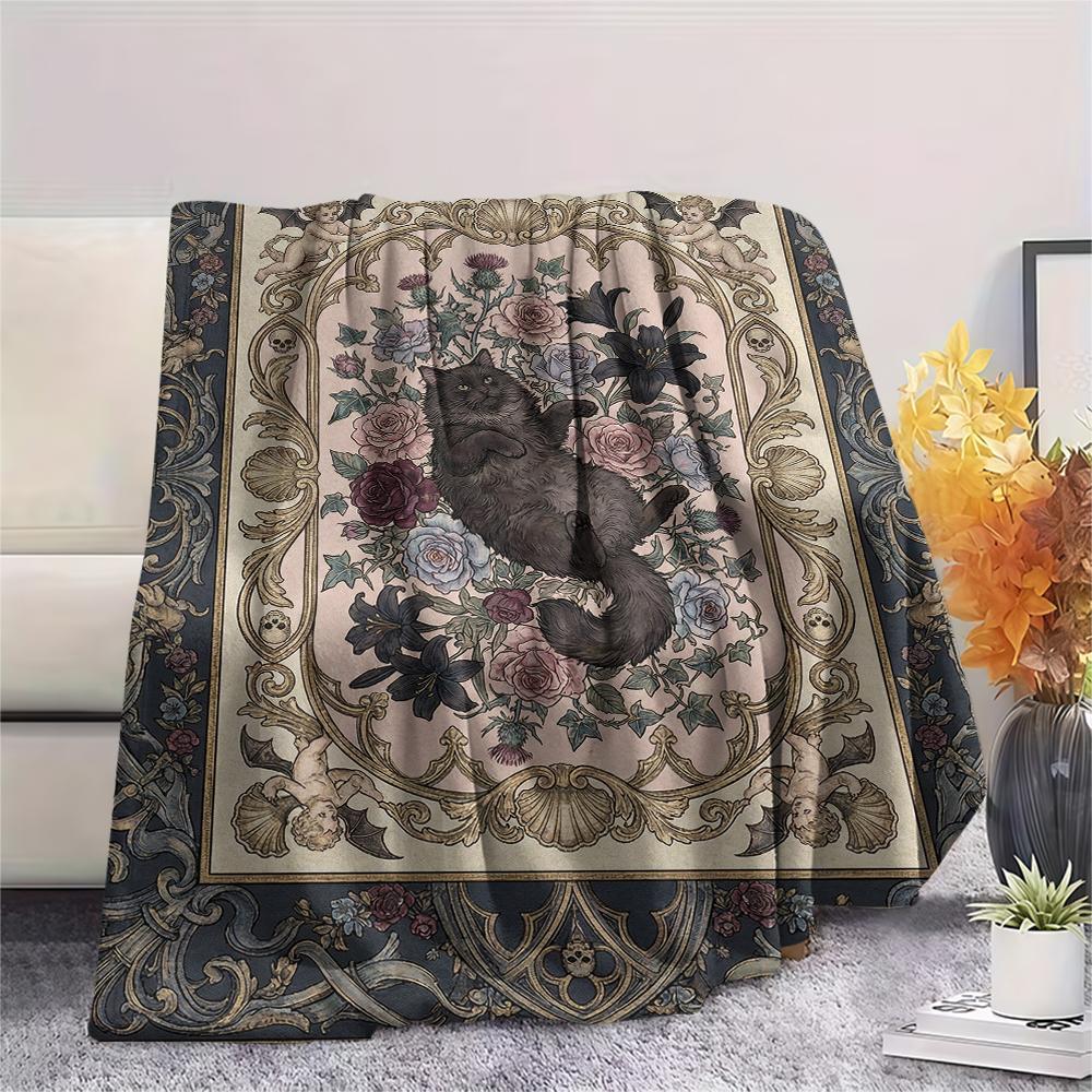 Cat Gothic Print Flannel Blanket, High quality Comfortable for All Seasons, Home Decor, Warmth and Comfort, Perfect for Christmas Gifts07
