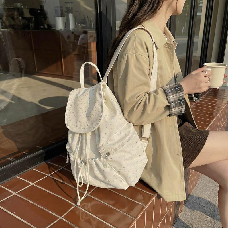 Womens Casual Star Print Backpack Drawstring Detail Adjustable Strap Large Capacity Minimalist Daily Bag for Commute Travel Everyday Use