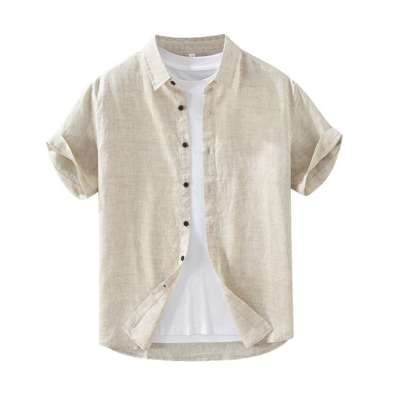Foreign Trade Surplus Pure Linen Short-Sleeve Shirt for Men, Summer Loose Breathable Solid Color High-End Shirt, Vintage Square Collar Top