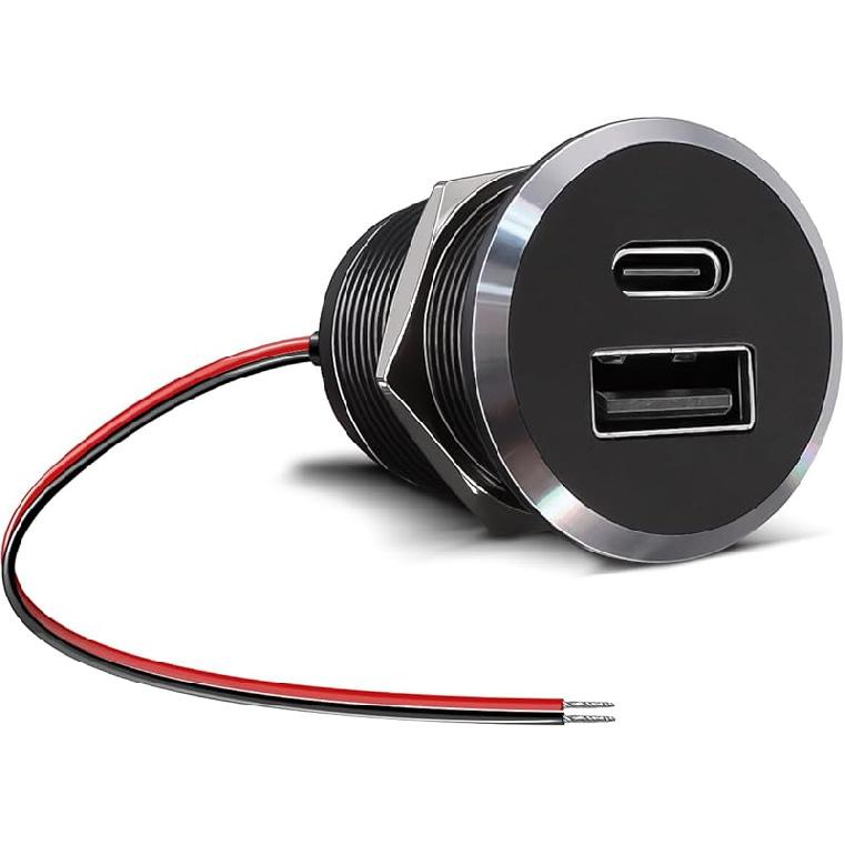 12V USB Outlet All-Aluminum QC 3.0 USB-A & USB-C PD3.0 Dual High-Speed Charger Socket, Recessed Mount Type-A Type-C Port for Camper Van Trailer RV