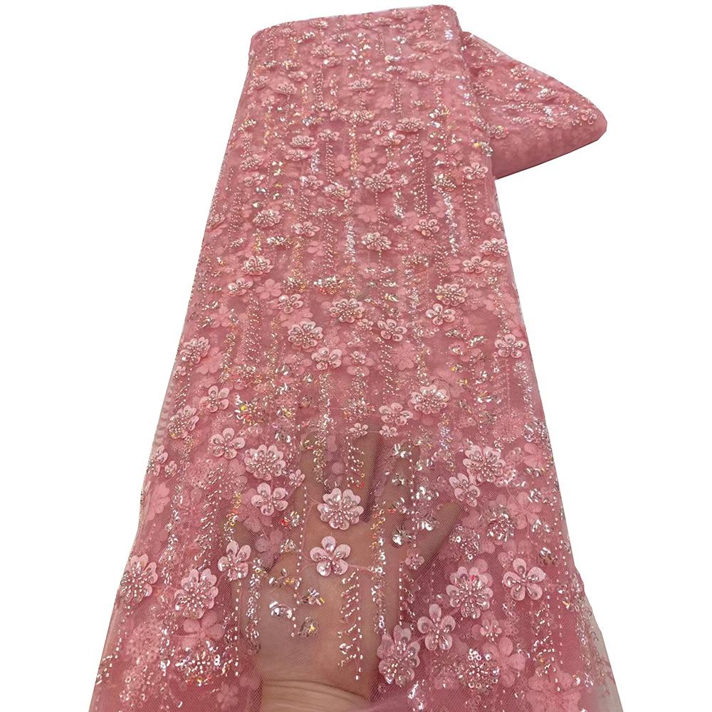 5 Yards African Sequins Bead Lace Fabric High Quality French Embroidery Nigerian Tulle Lace Fabric For Women Wedding Dress Craft