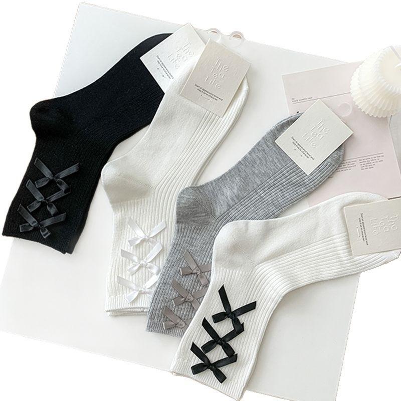 Bow-tie Socks for Girls, Lolita Mary Jane Solid-colored Mid-top Cotton Socks, Versatile for Spring and Autumn