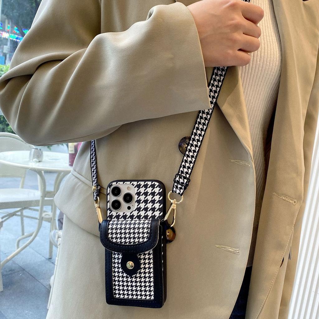 Applicable To iphone11Pro Mobile Phone Case Diagonal Span Lanyard 7G/8Plus Plug-in Card Plaid Protective Case Japan and Korea