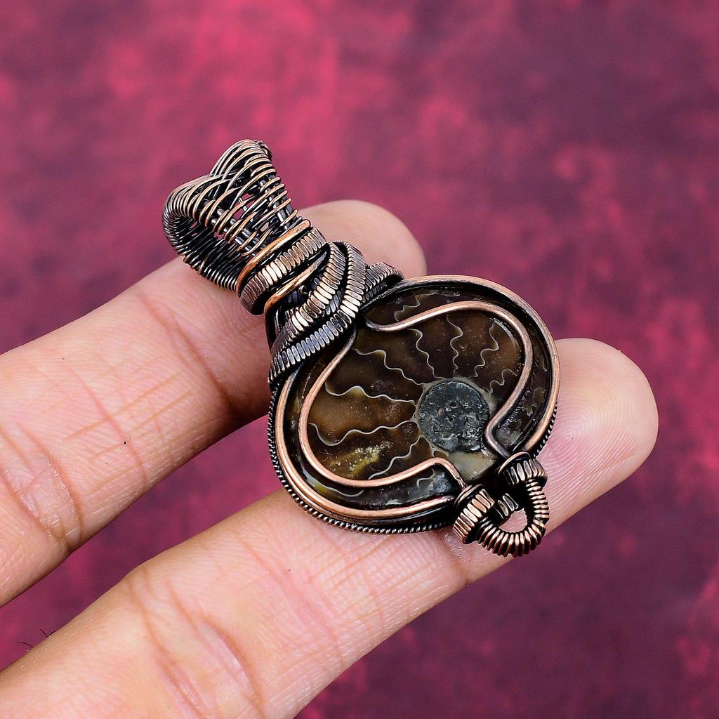 Ammonite Fossil Pendant Rainbow Moonstone Jewelry Copper Wire Wrapped Pendant