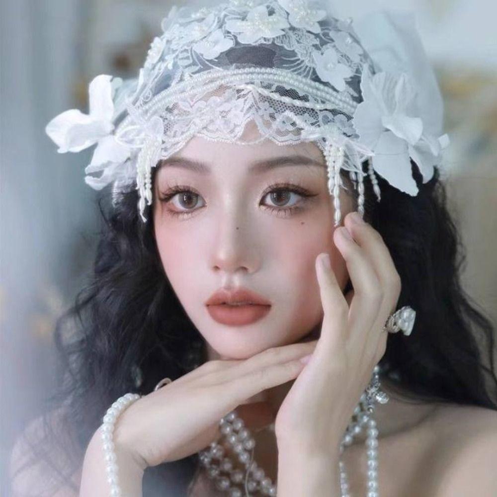 Pearls Beads Bride Headdress White Wedding Headwear Elegant Bridal Hat Hair Jewelry
