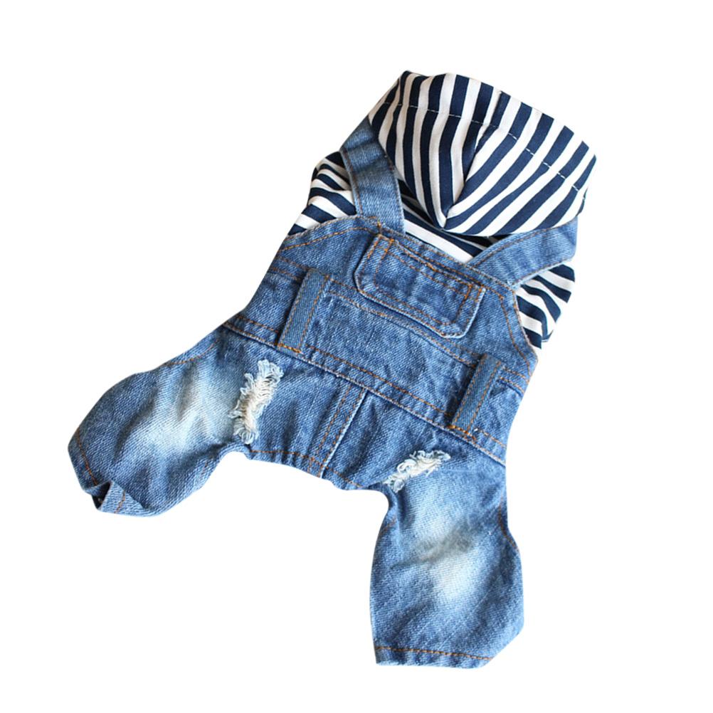 1pc Pet Clothes Dog Jumpsuit Stripe Hooded Denim Suspenders Puppy Outfit Durable Wearable For Outdoor Sleeping Photos