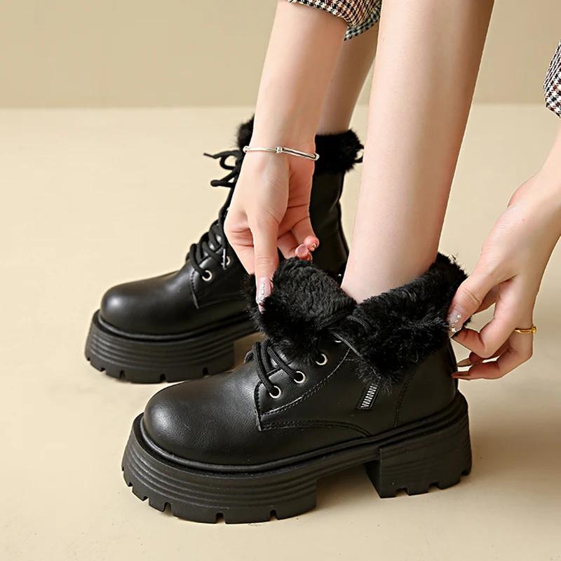 Thick Bottom Motorcycle Winter Boots Women Faux Fur Platform Plush Ankle Boots Woman Outdoor Non-Slip Warm Short Botas Mujer