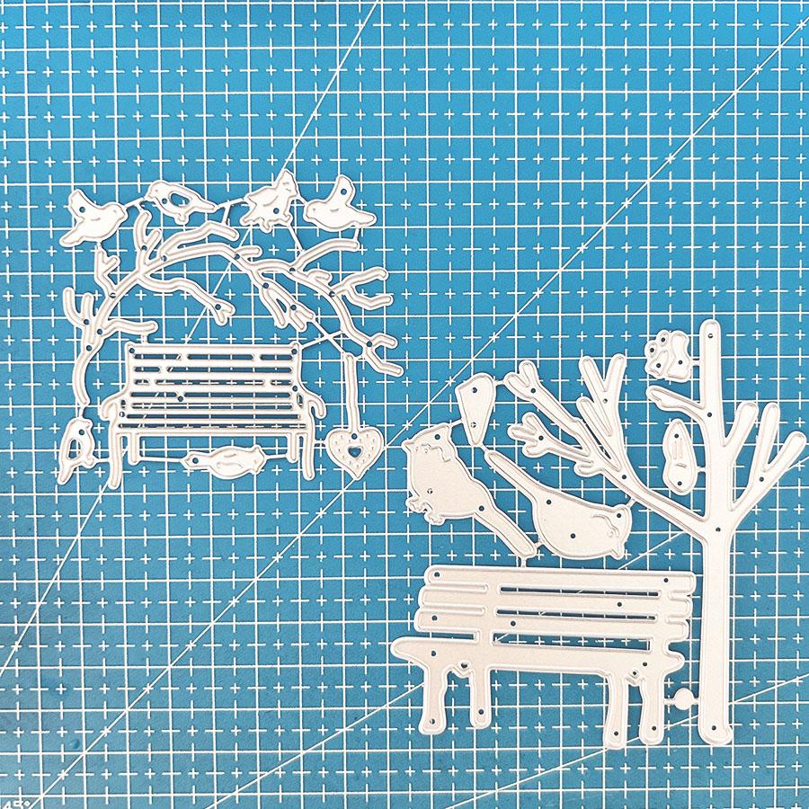 

2 шт./набор Вырубные формы «Птица на дереве» для изготовления открыток, Металлические вырубные формы «Парковая скамейка», Металлическая форма для вырубки, Вырубные формы для скрапбукинга, Трафарет для травления и тиснения своими руками dies серебряный