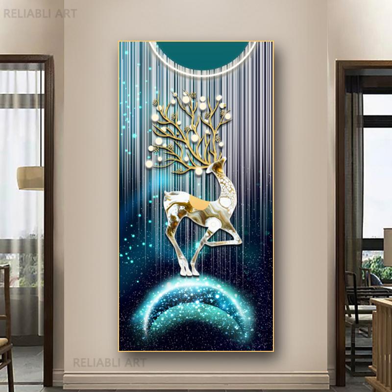 New Chinese Fengshui Golden Deer Canvas Painting Abstract Zen Stone Posters and Prints Modern Luxury Wall Art for Porch Decor