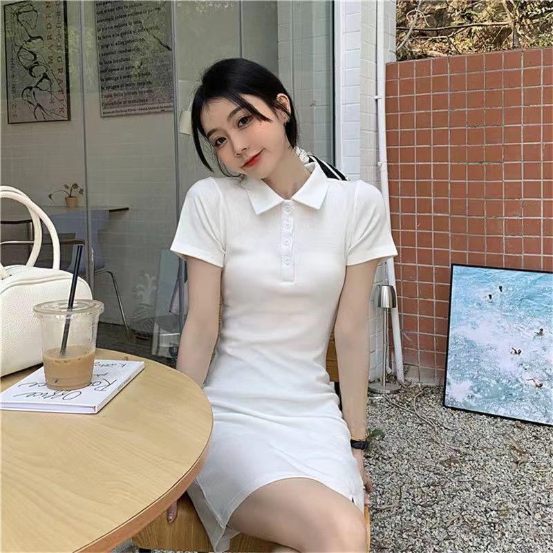 2026 New Korean Style Women's Slim Fit Polo Collar Spicy Girl Dress with Hip-Hugging Slit Skirt