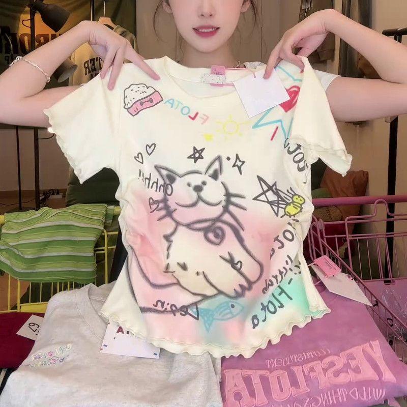 Sweet and Spicy Cartoon Cat Printing Shoulder Short-Sleeved T-shirt Female Summer Wooden Ear Silm Ruched Waist-Controlled Top Tide