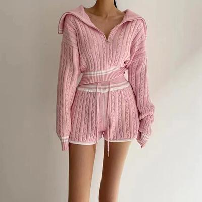 Fried Dough Twists Knitwear Large Lapel Short High Waist Drawstring Waist Contrast Color Shorts Set Suits & Sets Women’s