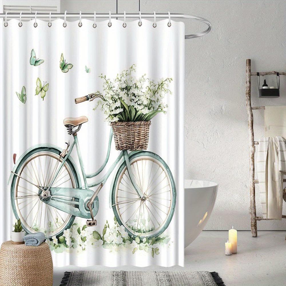 

Vintage Bicycle Floral Shower Curtain, Light Turquoise Bike With White Flowers, Polyester, Romantic Bath Decor W60H190(CM)-1 Pcs