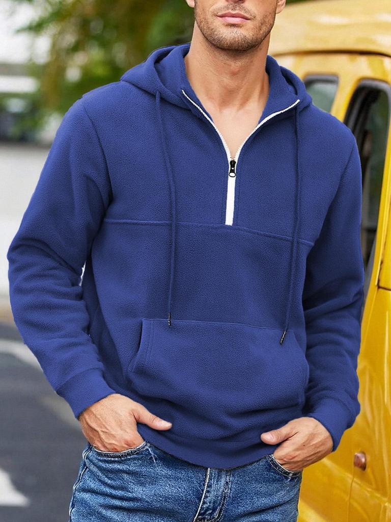 Men's Thick Hooded Sweatshirt, Stand Collar Half-Zip, Long Sleeve, Autumn/Winter, European Size, Casual Style.