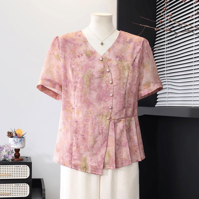 Mid-Aged Women s V-Neck Pearl Button Pleated Summer T-Shirt 3XL