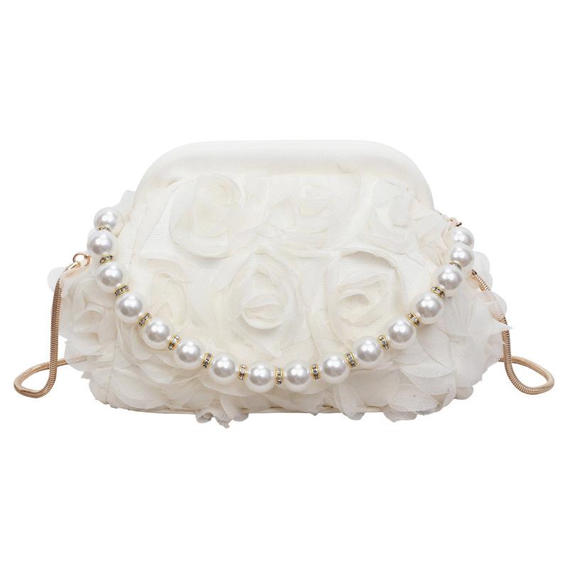 Ladies' Handbag, Women's Light Luxury Socialite Style Dinner Bag, Sequin Clip on Pearl Chain Handbag, Lace Flower Wedding Bag