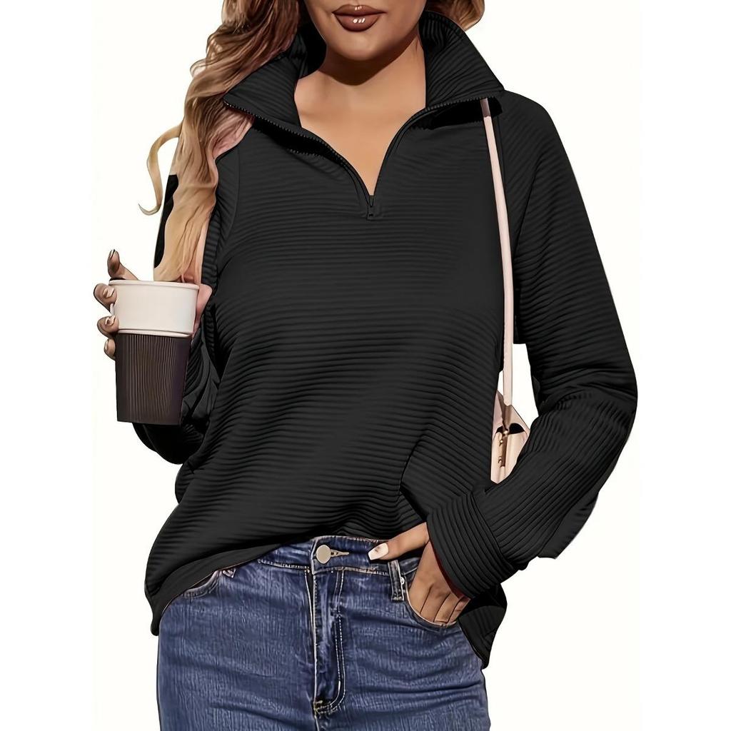 Suéter Casual de Punto con Cremallera para Mujer, Jersey Holgado de Manga Larga con Cuello en V, Color Puro, Adecuado para Usar en Primavera y Otoño, Bajo Regular